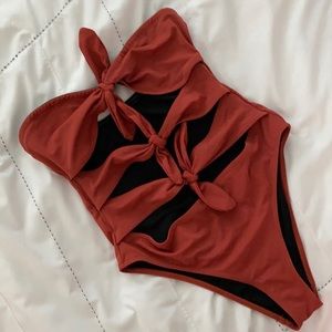 High Leg Knotted Front Cutout Bandeau One Piece